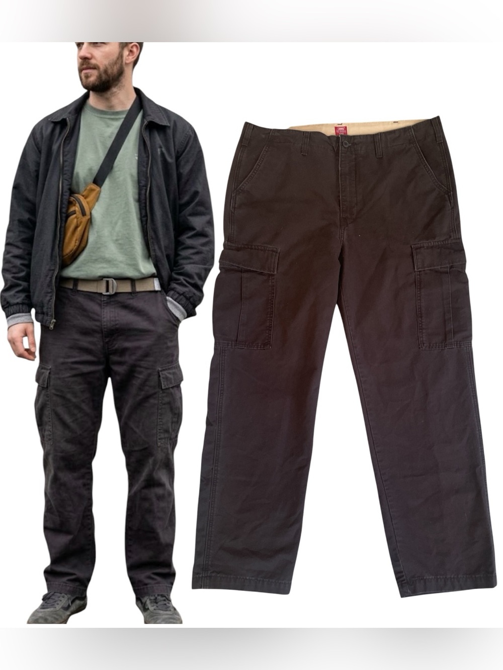 Levi's Faded Black Cargo Pants W38 L32 Straight Leg 100% Cotton Workwear Skater